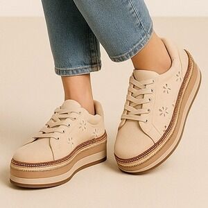 DV by Dolce Vita Bliss Platform Sneakers 9 Beige Canvas Espadrille Floral Cutout